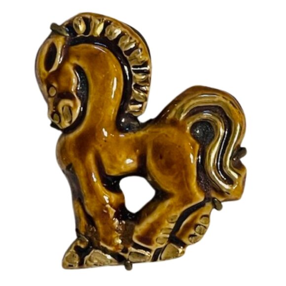 Figural Horse Brooch Tan/Gold Ceramic Vintage Doliet France Brass Trombone Clasp - Picture 8 of 8